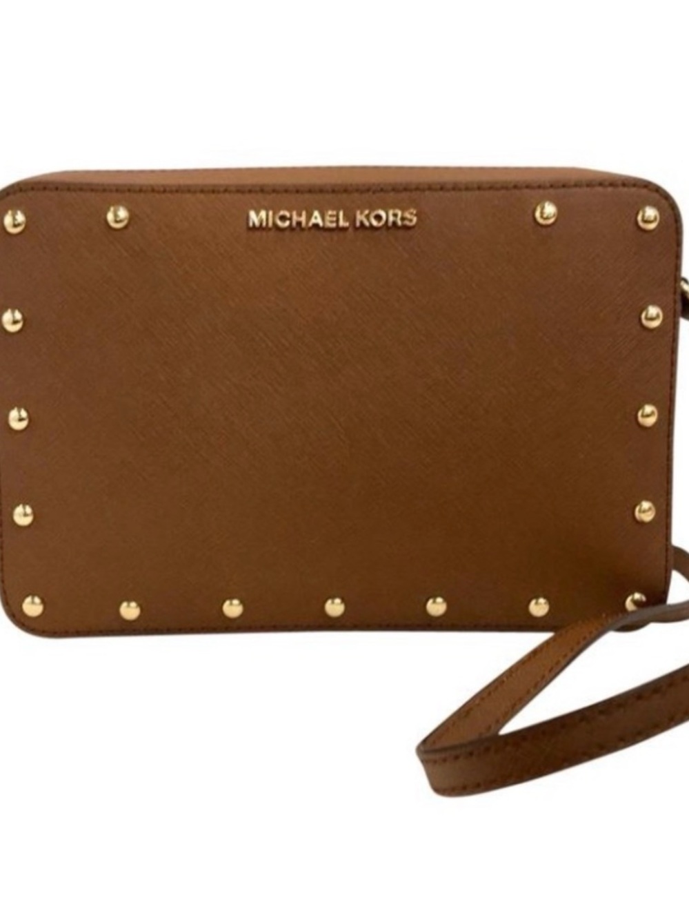 Michael Kors Sandrine Stud Brown Leather Wristlet with Gold Studs